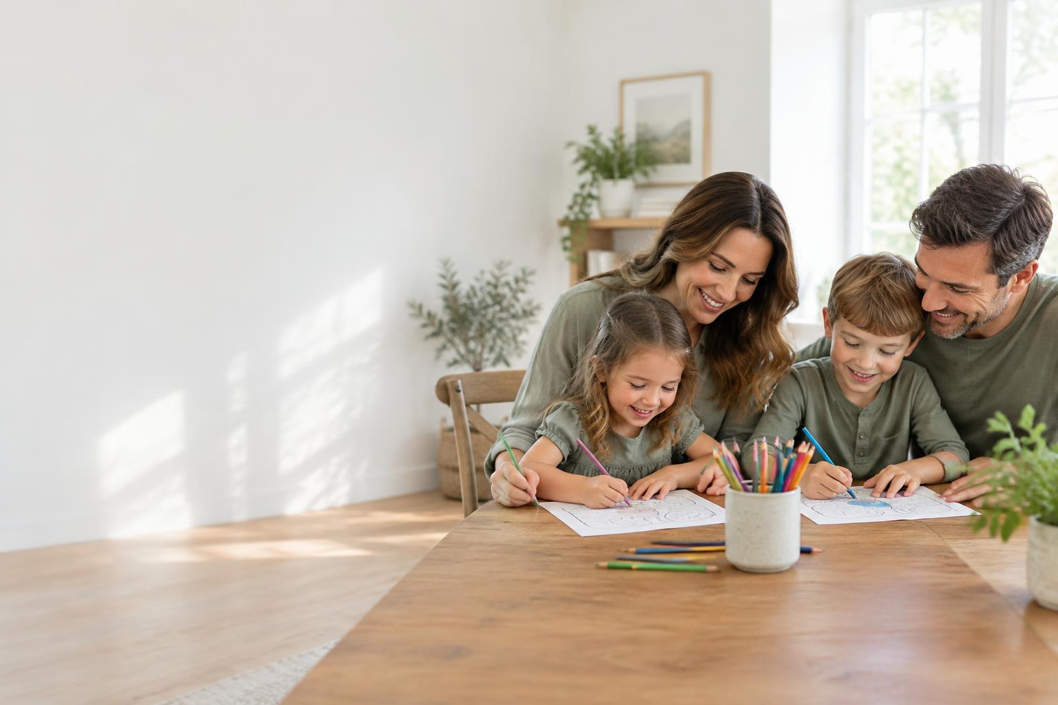 Família reunida colorindo atividades e compartilhando um momento de carinho